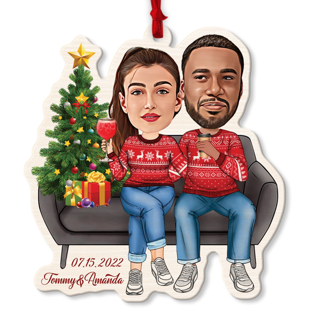 Face From Photo, Gift For Couple, Christmas Couch, Shape Ornament 2 Sides