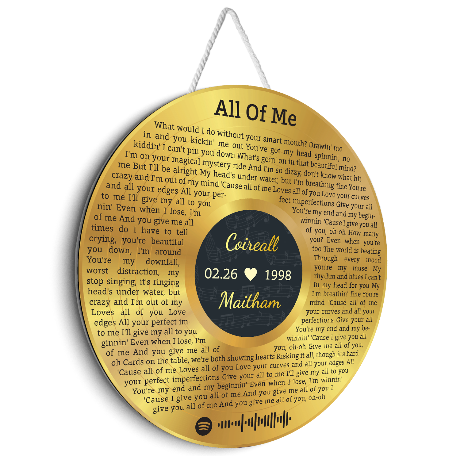 Custom Round Sign, Customizable Song Lyrics And Text, Vinyl Record Art, Gold Style