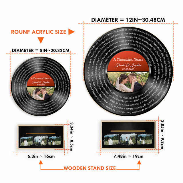 Custom Photo Song Lyrics, Black Acrylic Record with Wooden Stand