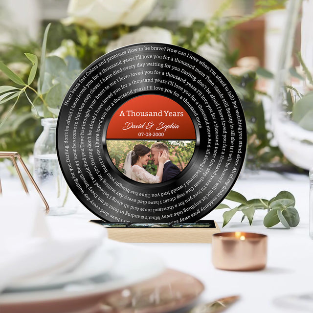 Custom Photo Song Lyrics, Black Acrylic Record with Wooden Stand