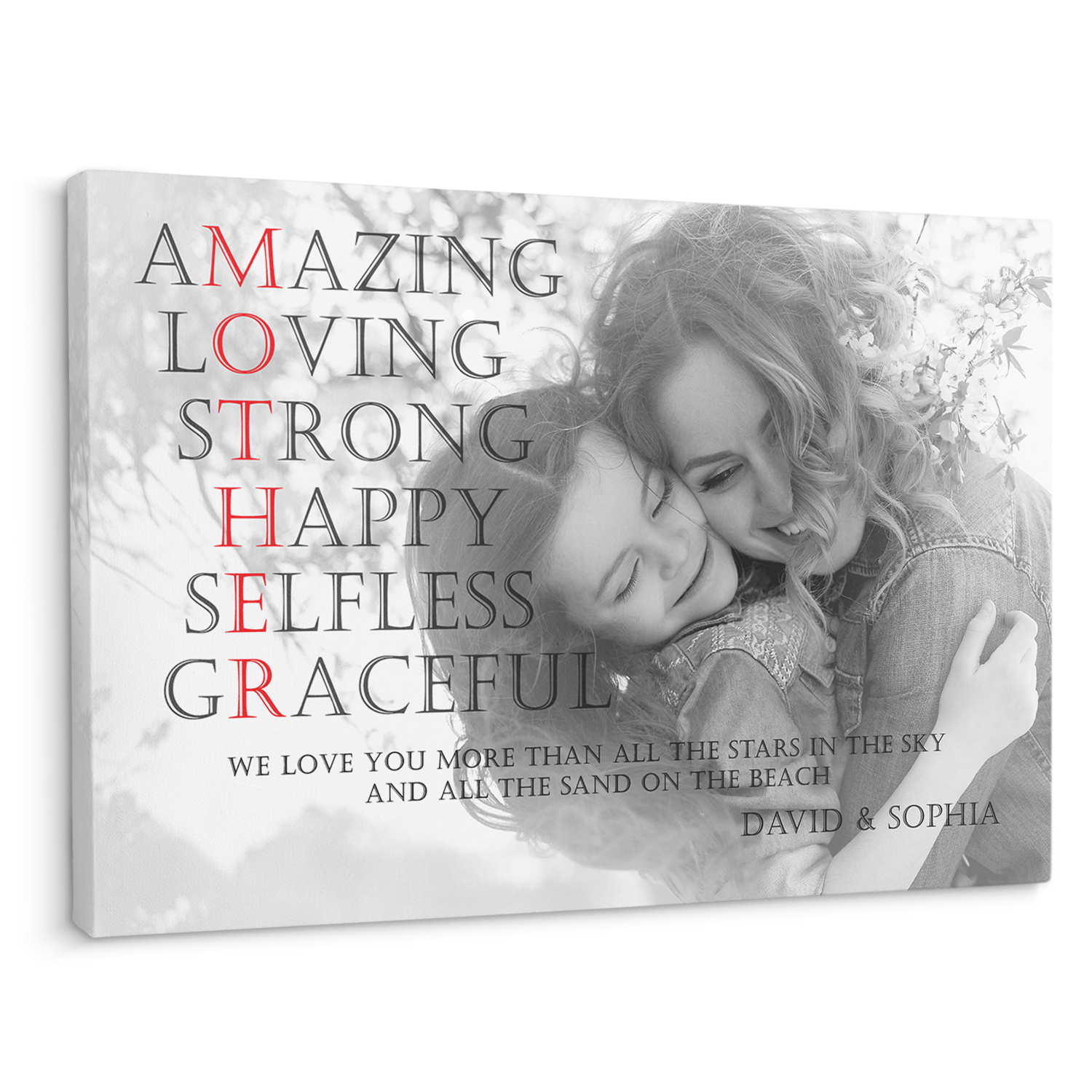 Mother, Amazing, Loving, Strong, Happy, Selfless, Graceful Custom Photo And Text Canvas Wall Art