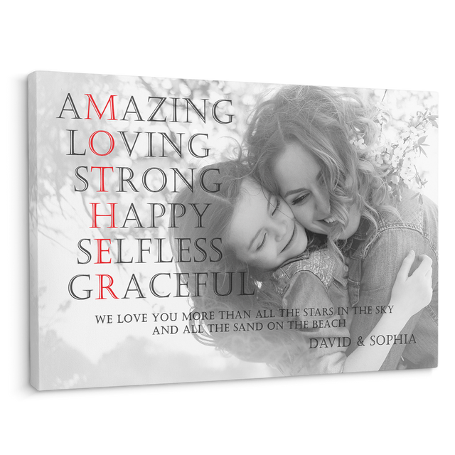Mother, Amazing, Loving, Strong, Happy, Selfless, Graceful Custom Photo And Text Canvas Wall Art