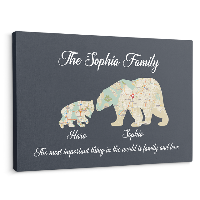 Bear Family, Custom Map Prints, Customizable Name And Text Canvas Wall Art