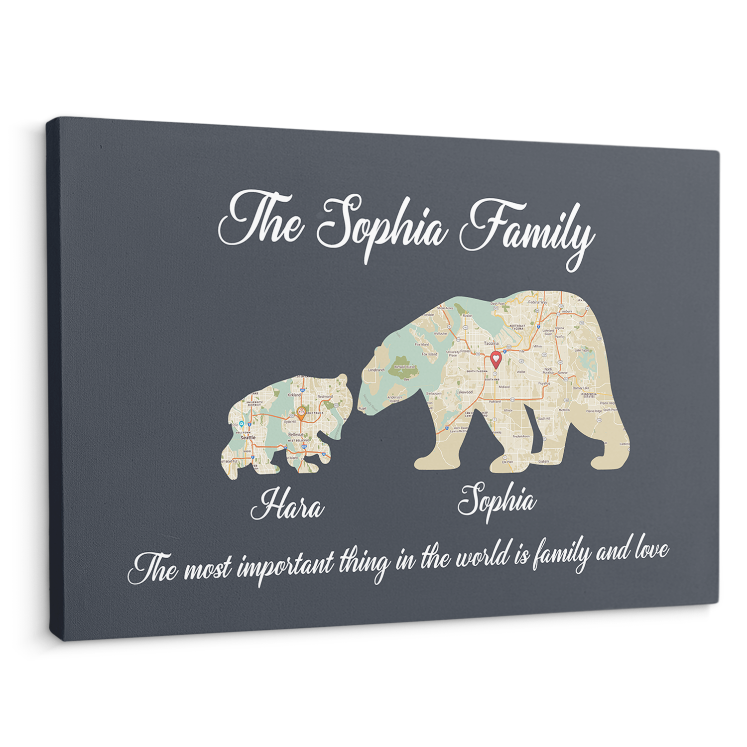 Bear Family, Custom Map Prints, Customizable Name And Text Canvas Wall Art