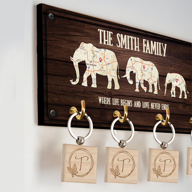 Custom Map Print By Location, Customizable Family Name, Family Elephant, Key Hook