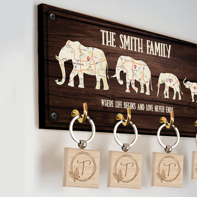 Custom Map Print By Location, Customizable Family Name, Family Elephant, Key Hook