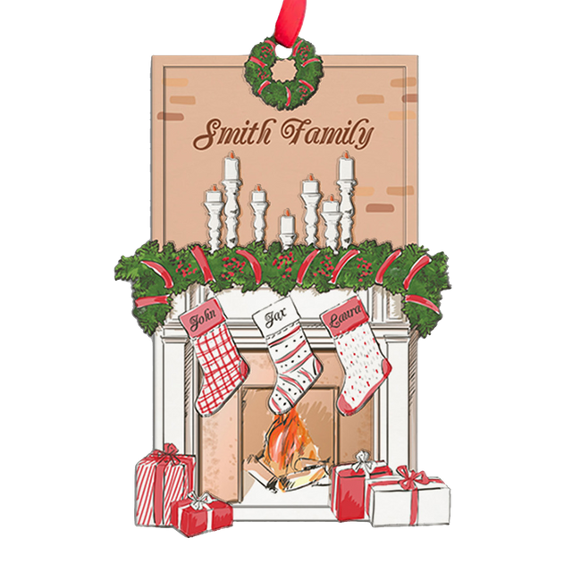 Personalized Name And Text, Family Name, Fireplace Stockings Personalized, 2 Layered Wood Christmas Ornament