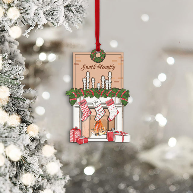 Personalized Name And Text, Family Name, Fireplace Stockings Personalized, 2 Layered Wood Christmas Ornament