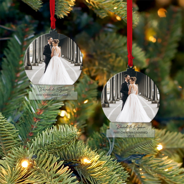 Personalized Name And Text, Custom Photo, First Christmas Married 2022, Christmas Shape Ornament 2 Sides