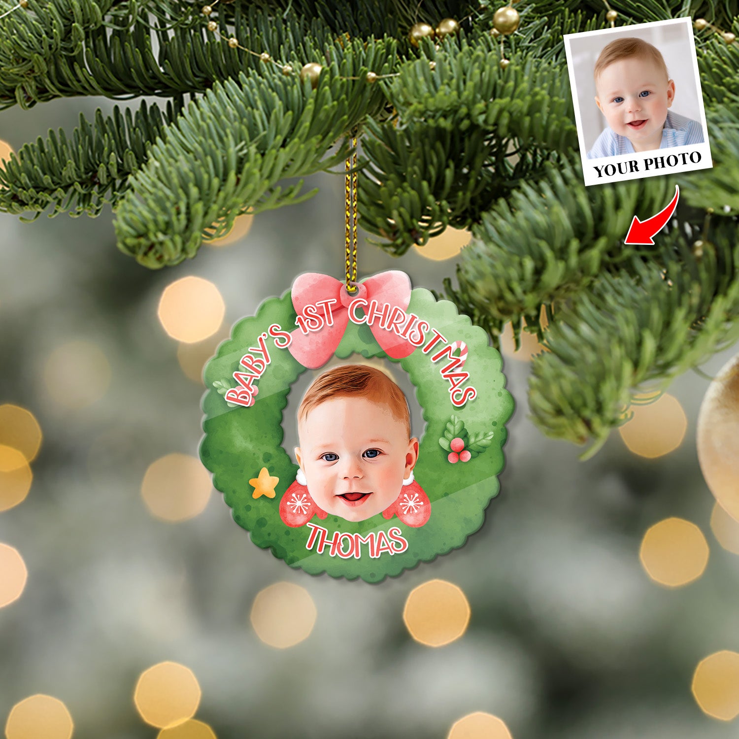 Personalized Name And Photo, Ornament For Baby, Baby's 1st Christmas, Christmas Shape Ornament 2 Sides