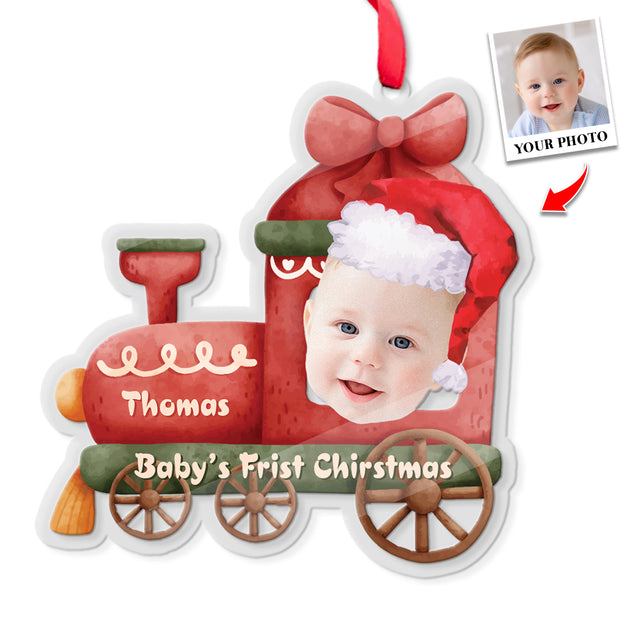 Face From Photo, Ornament For Baby, Christmas Train, Personalized Name And Text, Christmas Shape Ornament 2 Sides
