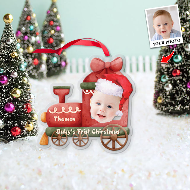 Face From Photo, Ornament For Baby, Christmas Train, Personalized Name And Text, Christmas Shape Ornament 2 Sides