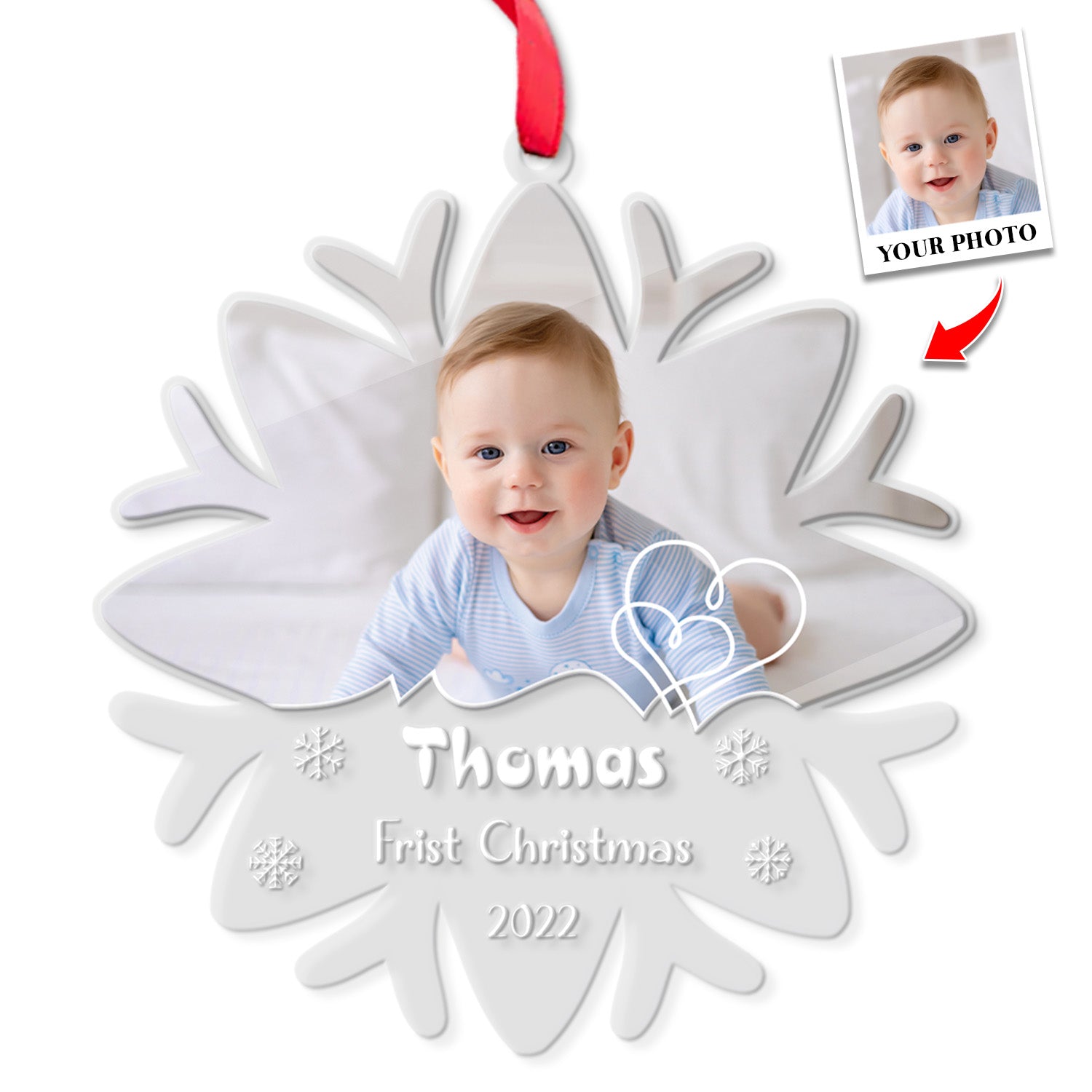 Personalized Name And Photo, Ornament For Baby, Baby's First Christmas, Snowflake, Christmas Shape Ornament 2 Sides