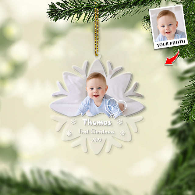 Personalized Name And Photo, Ornament For Baby, Baby's First Christmas, Snowflake, Christmas Shape Ornament 2 Sides
