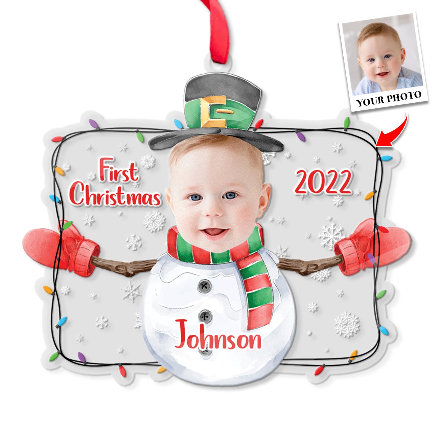 Personalized Name And Photo, Ornament For Baby, Baby's First Christmas, Snowman, Christmas Shape Ornament 2 Sides