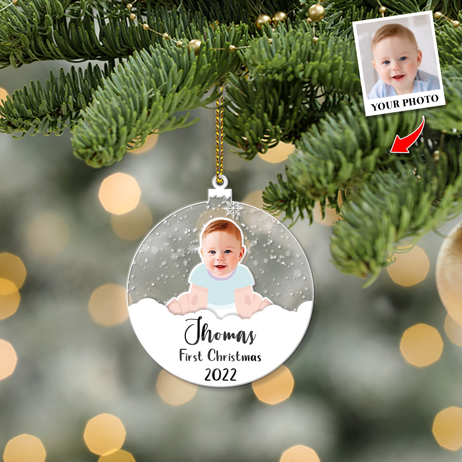 Personalized Name And Photo, Ornament For Baby, Baby's First Christmas, Snowball, Christmas Shape Ornament 2 Sides
