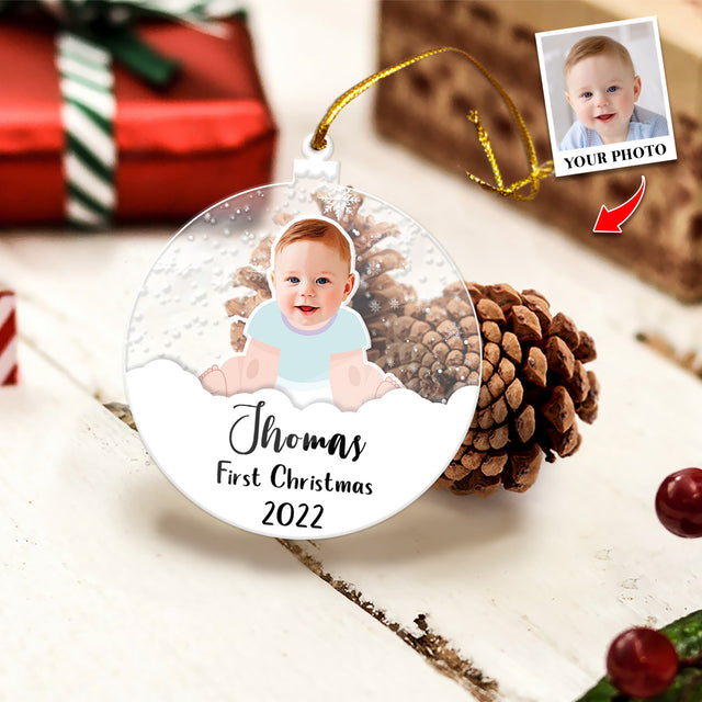 Personalized Name And Photo, Ornament For Baby, Baby's First Christmas, Snowball, Christmas Shape Ornament 2 Sides