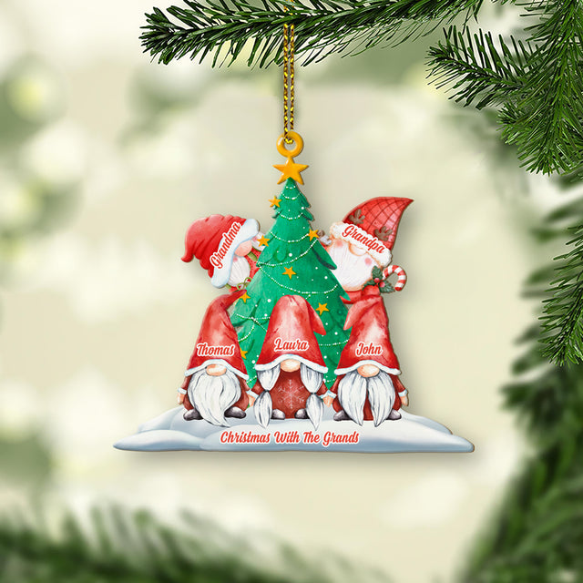 Gnome Christmas Ornament, Custom Family Name, 2 Sided Wooden Tree Ornament, Personalized Name And Text