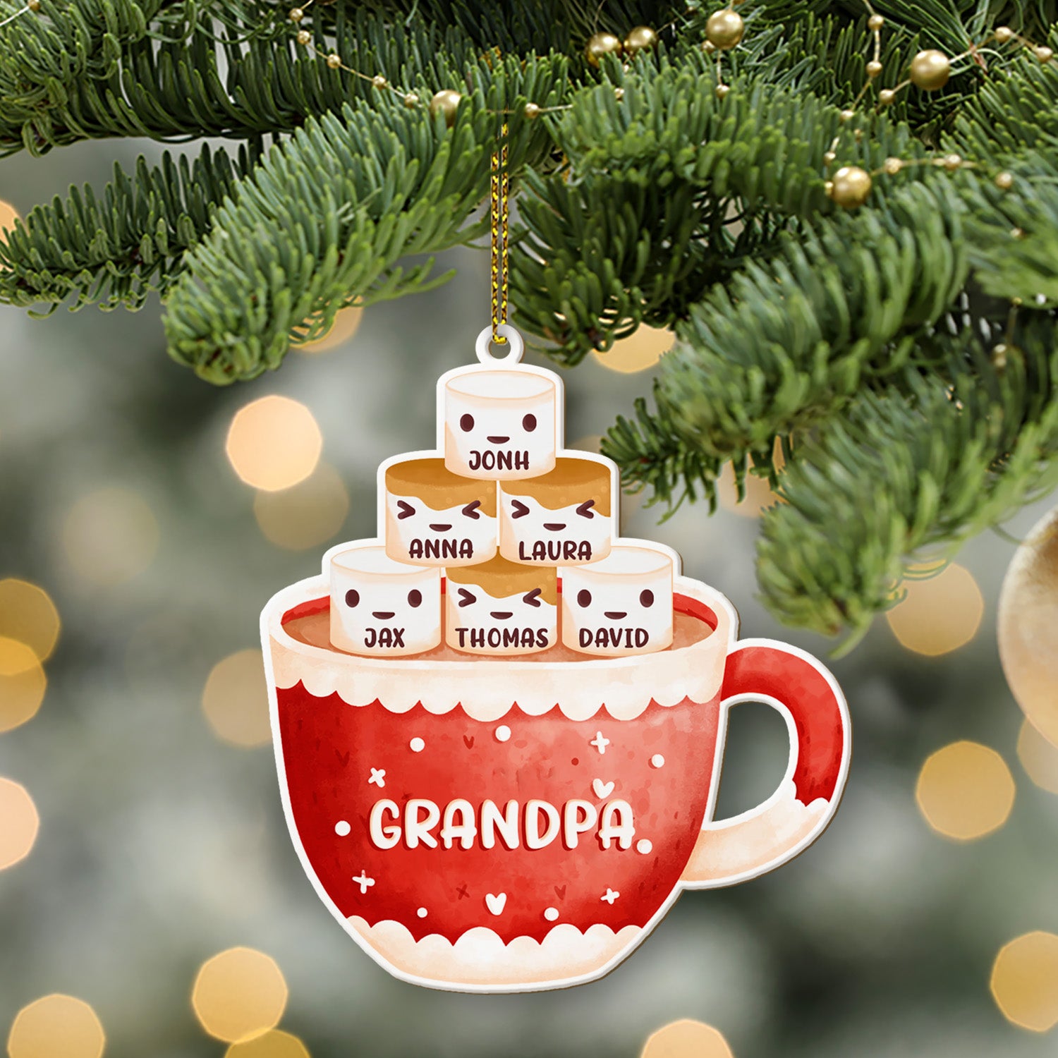 Personalized Family Christmas Ornament, Family Name, Marshmallow Mug, Christmas Shape Ornament 2 Sides