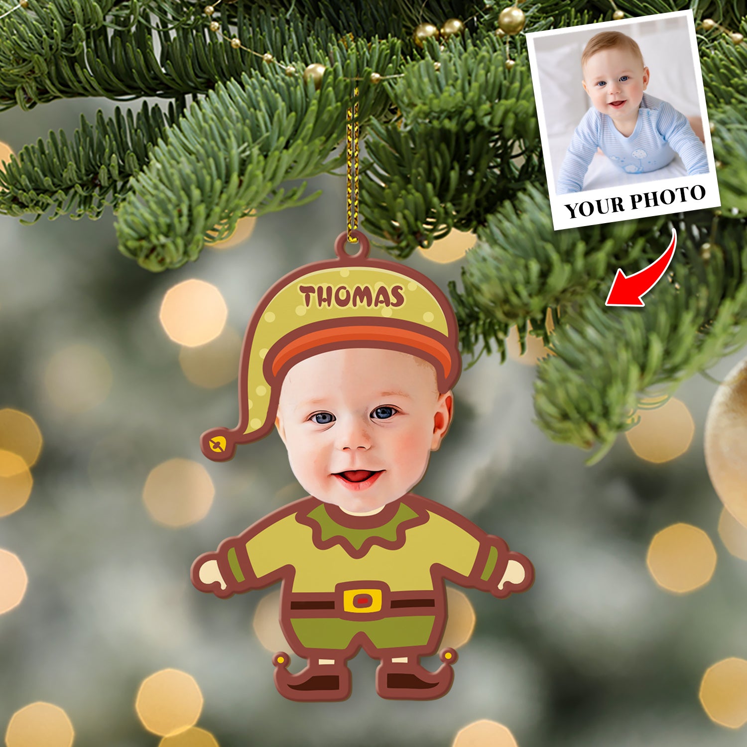 Face From Photo, Ornament For Baby, Goblin Christmas, Personalized Name And Text, Christmas Shape Ornament 2 Sides