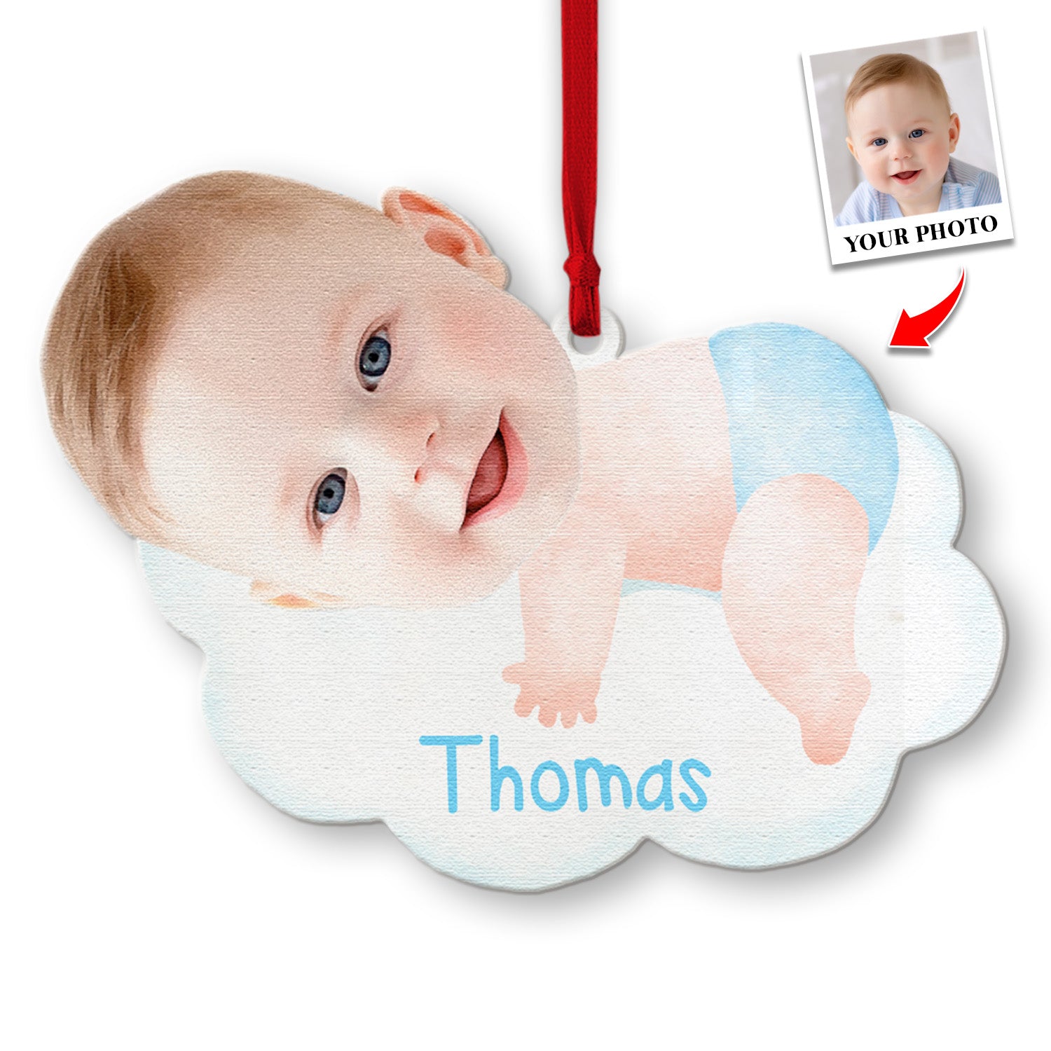 Face From Photo, Ornament For Baby, Hugging Cloud, Personalized Name And Text, Christmas Shape Ornament 2 Sides