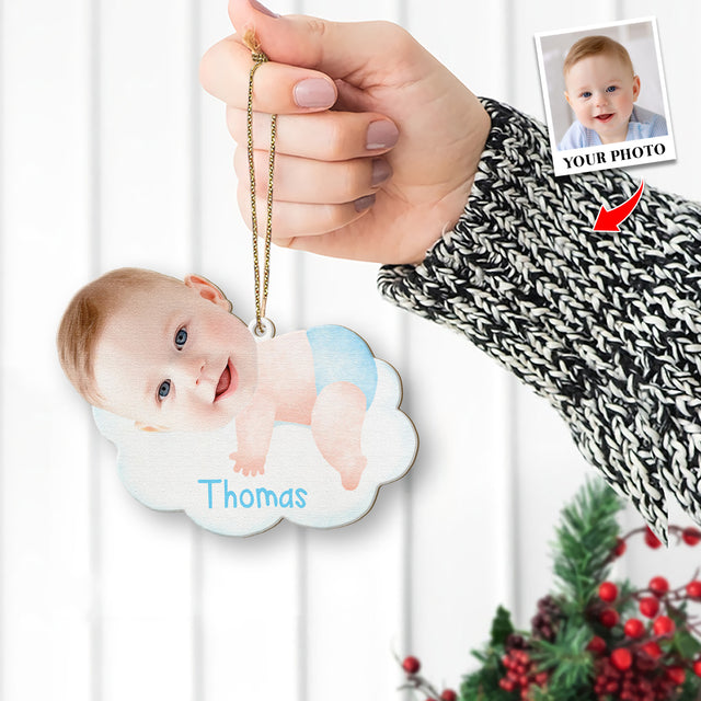 Face From Photo, Ornament For Baby, Hugging Cloud, Personalized Name And Text, Christmas Shape Ornament 2 Sides