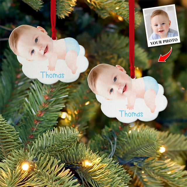 Face From Photo, Ornament For Baby, Hugging Cloud, Personalized Name And Text, Christmas Shape Ornament 2 Sides