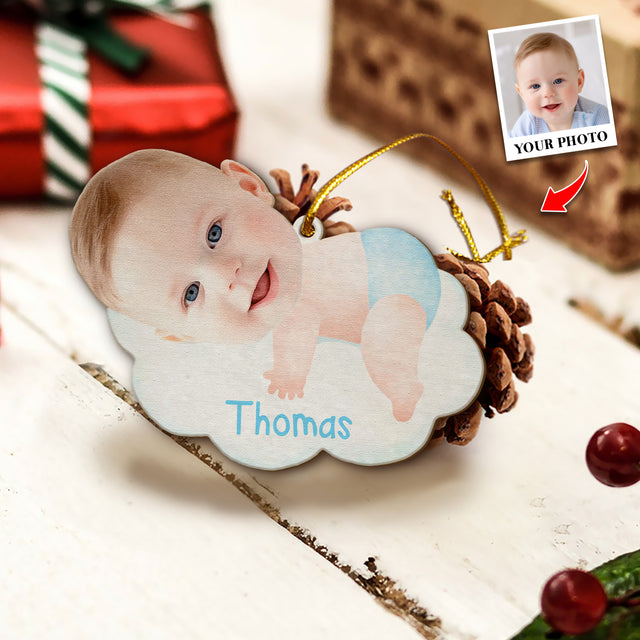 Face From Photo, Ornament For Baby, Hugging Cloud, Personalized Name And Text, Christmas Shape Ornament 2 Sides