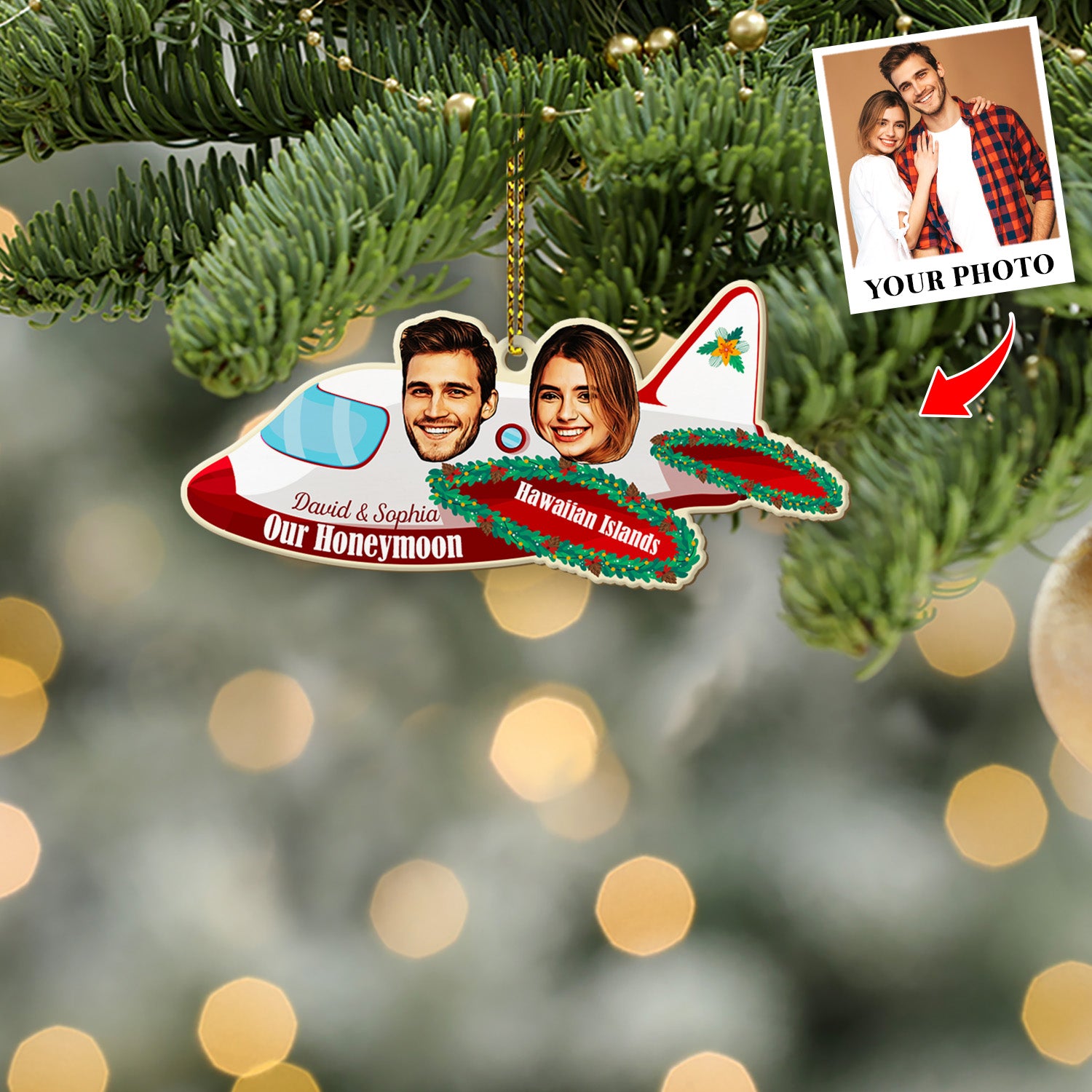 Personalized Name And Text, Face From Photo, Christmas Airplane, Christmas Shape Ornament 2 Sides