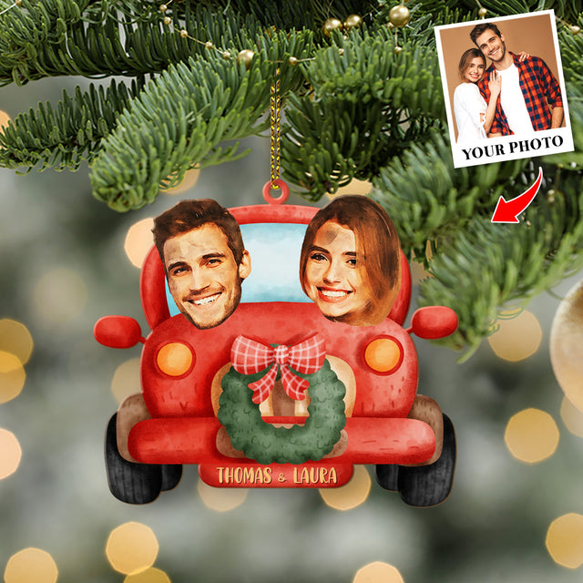 Personalized Name And Text, Face From Photo, Gift For Couple, Christmas Car, Christmas Shape Ornament 2 Sides