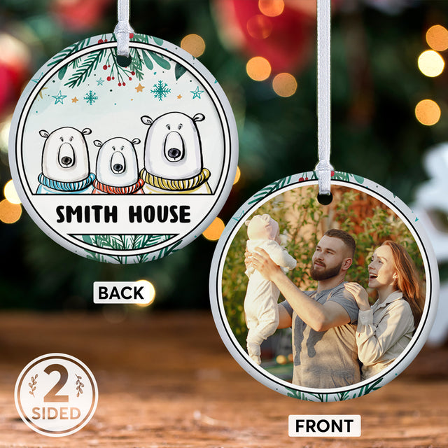Family Bear, Custom Photo And Text Decorative Christmas Circle Ornament 2 Sided