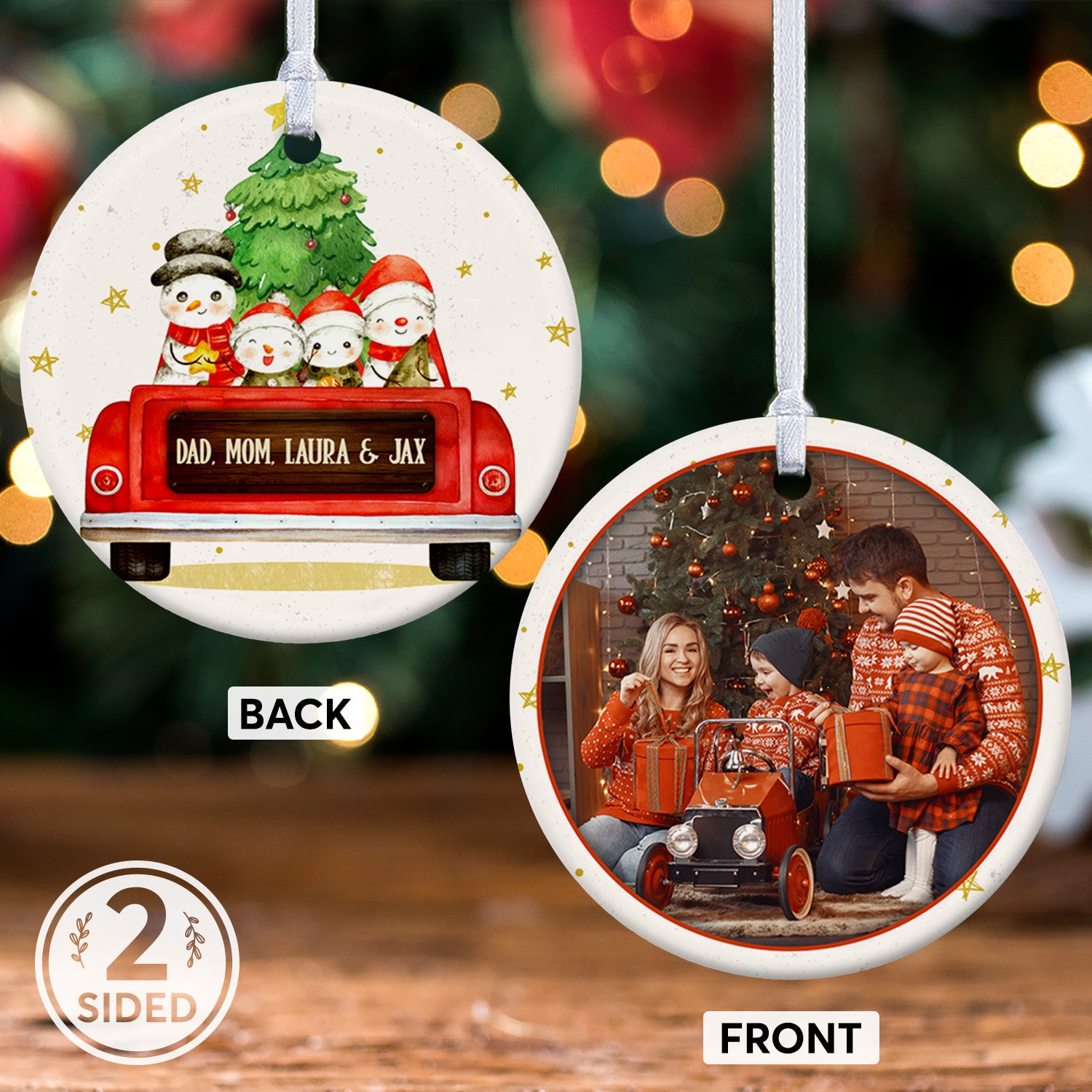 Custom Photo, Family Name, Christmas Snowmans In Car, Text Decorative Christmas Circle Ornament 2 Sided