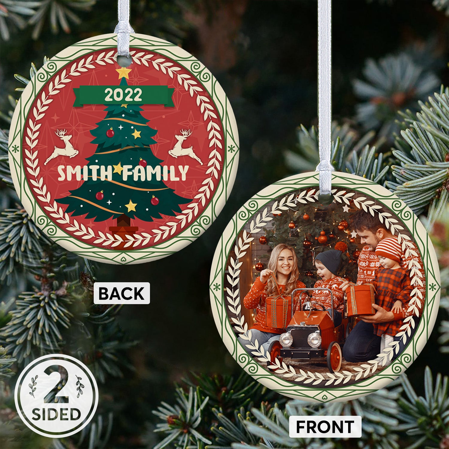 Christmas Ornaments, Custom Photo, Family Name, Christmas Tree, Date & Text Decorative Christmas Circle Ornament 2 Sided