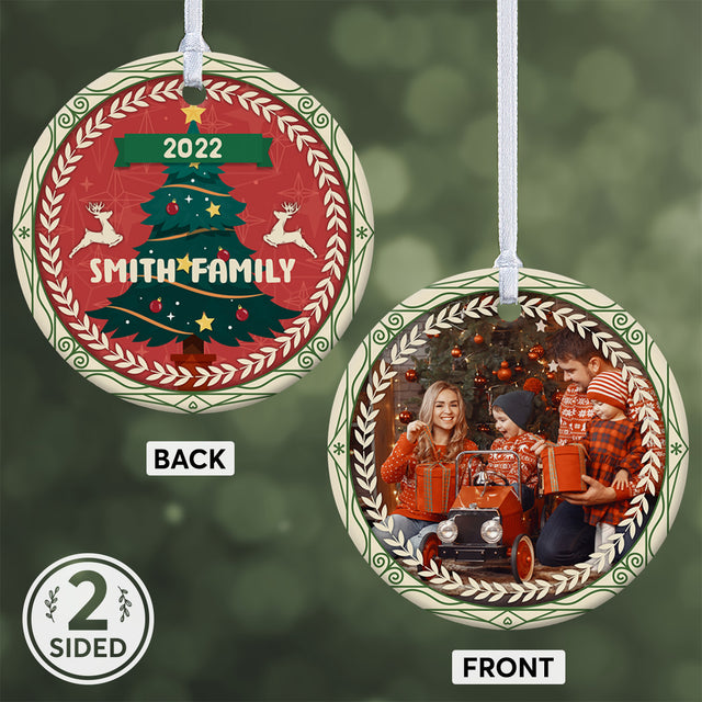 Christmas Ornaments, Custom Photo, Family Name, Christmas Tree, Date & Text Decorative Christmas Circle Ornament 2 Sided