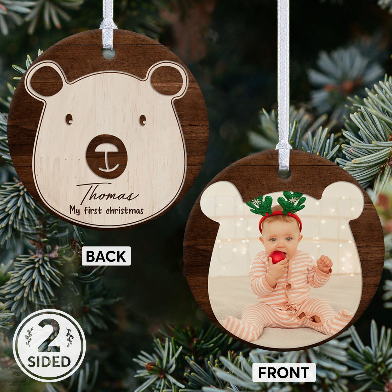 Christmas Ornaments, Custom Photo, Family Name, Christmas Bear, My First Christmas, Date & Text Decorative Christmas Circle Ornament 2 Sided