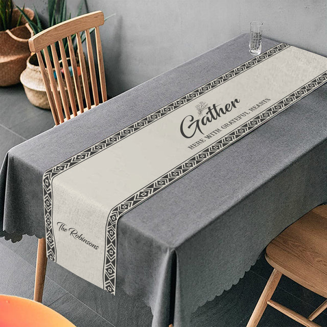 Customizable Table Runner, Custom Family Name, Gather Here With Graterful Hearts