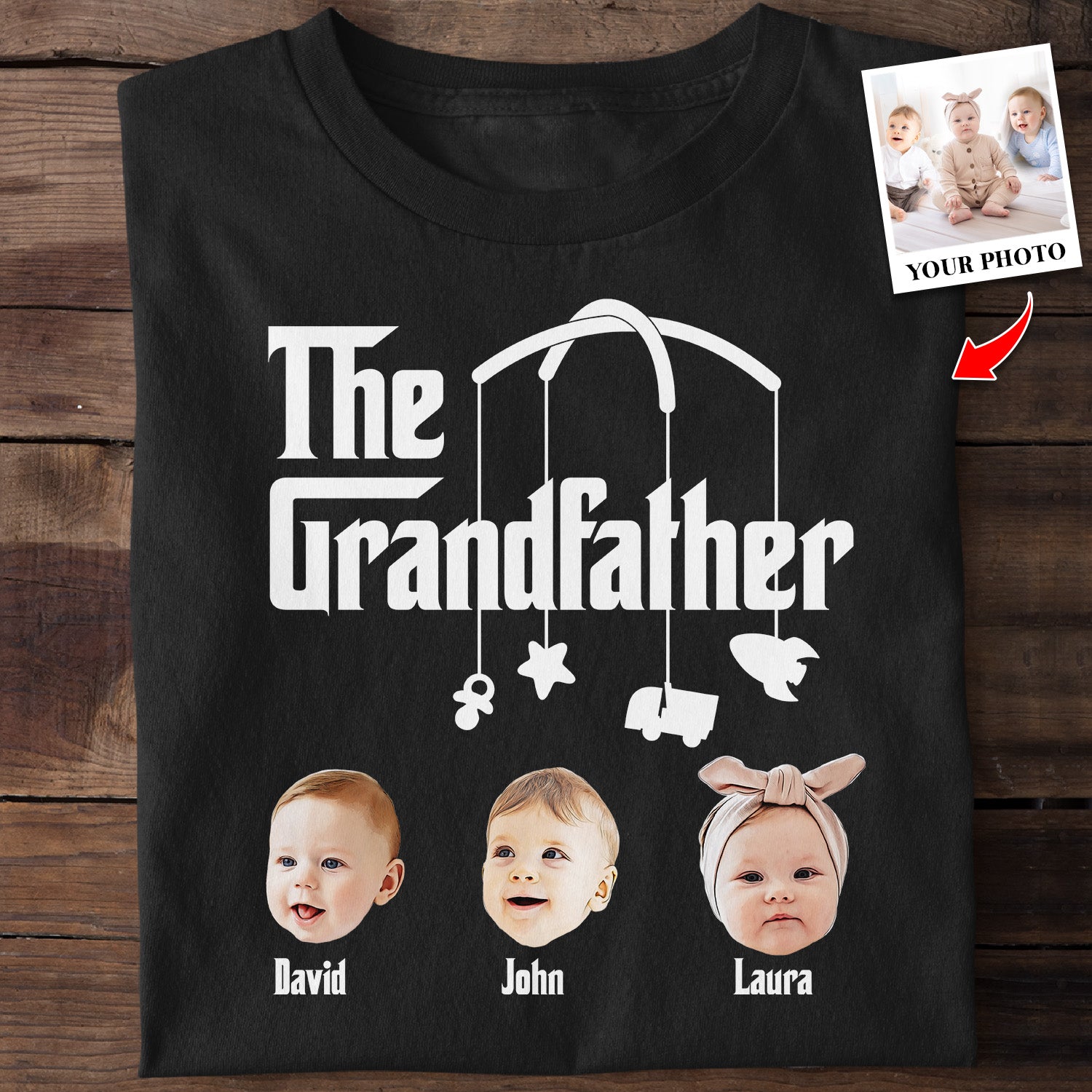 Custom Portrait From Photo, The Grandfather With Grandkid's Name, Personalized Name And Text, Tshirt