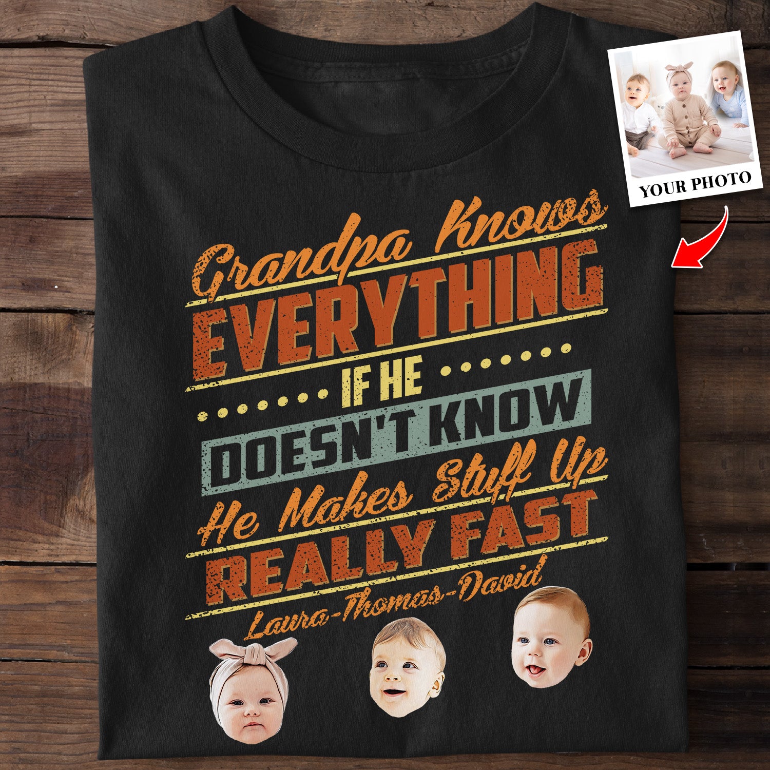 Custom Portrait From Photo, Grandpa Shirt With Grandkid's Name, Grandpa Knows Everything If He Doesn't Know He Makes Stuff Up Really Fast, Personalized Name And Text, Tshirt