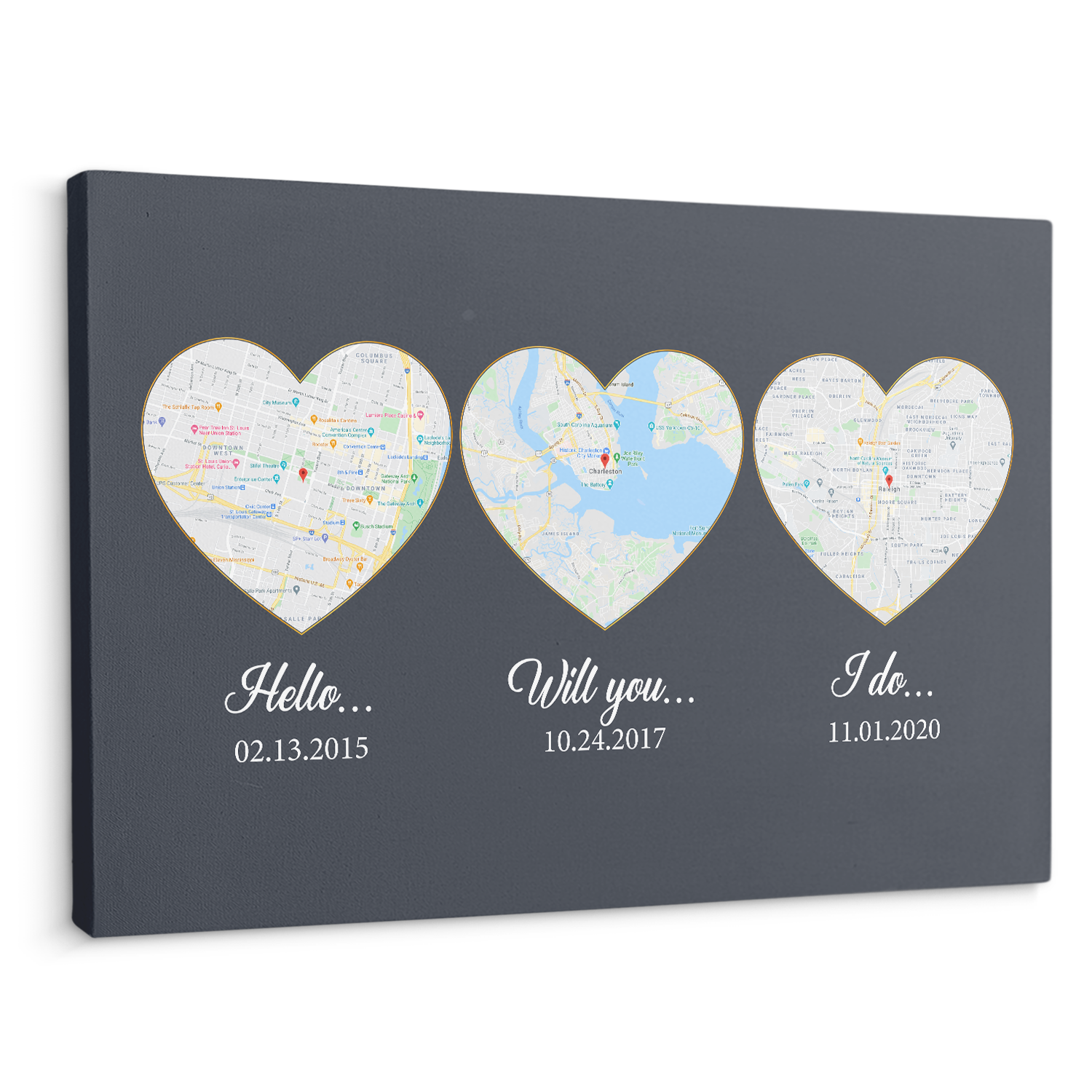 Our Love Story We Met She Said Yes We Said I Do Custom Map Print Navy Background Canvas