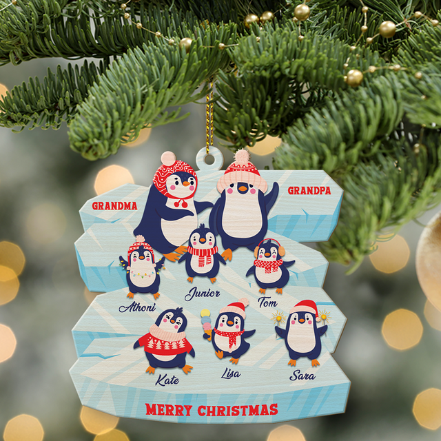 Family Name, Christmas Penguins, Grandpa & Grandma, Christmas Shape Ornament 2 Sides