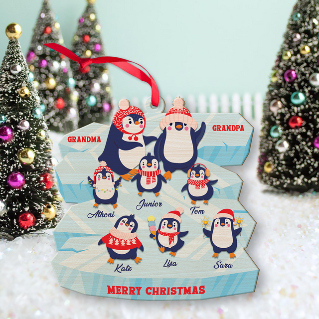 Family Name, Christmas Penguins, Grandpa & Grandma, Christmas Shape Ornament 2 Sides