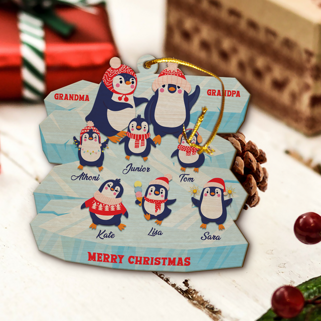 Family Name, Christmas Penguins, Grandpa & Grandma, Christmas Shape Ornament 2 Sides