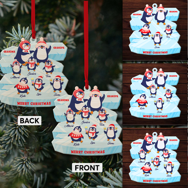 Family Name, Christmas Penguins, Grandpa & Grandma, Christmas Shape Ornament 2 Sides
