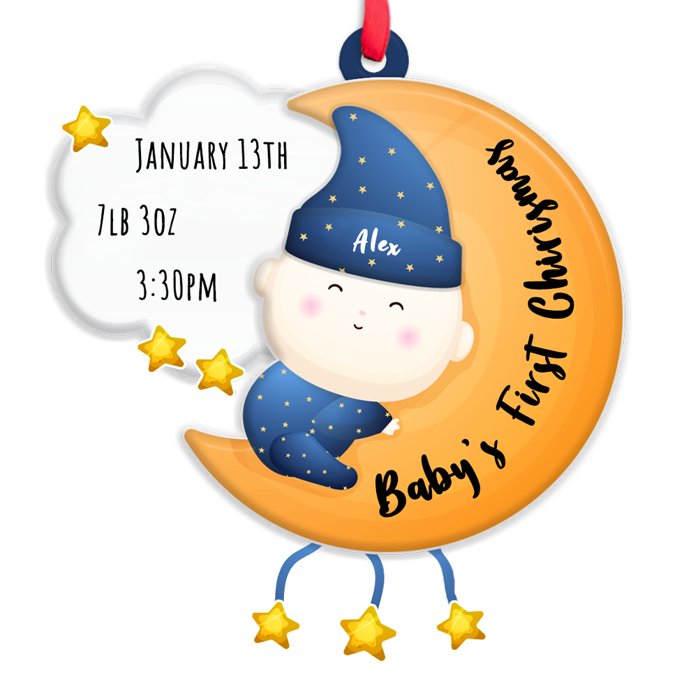 Personalized Name And Text, Ornament For Baby, Baby's First Christmas, Baby Hug Moon, Christmas Shape Ornament 2 Sides