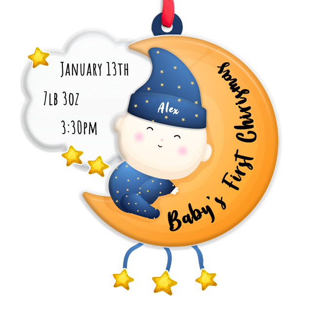 Personalized Name And Text, Ornament For Baby, Baby's First Christmas, Baby Hug Moon, Christmas Shape Ornament 2 Sides