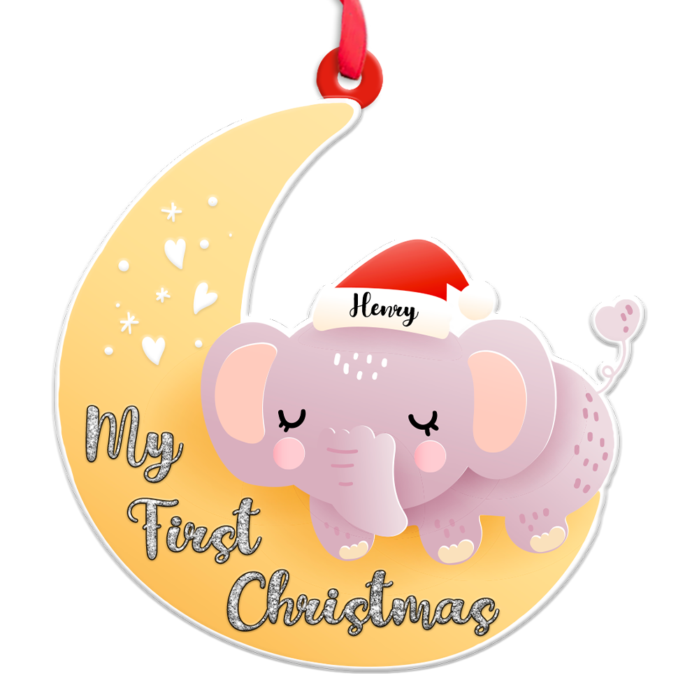 Personalized Name And Text, Ornament For Baby, Baby's First Christmas, Elephant Hug Moon, Christmas Shape Ornament 2 Sides