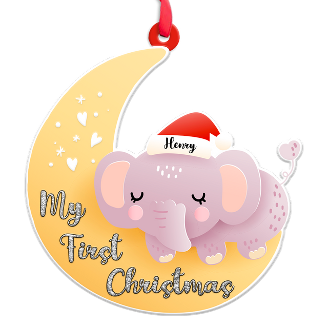 Personalized Name And Text, Ornament For Baby, Baby's First Christmas, Elephant Hug Moon, Christmas Shape Ornament 2 Sides