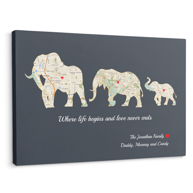 Elephant Family, Custom Map Print, Customizable Family Name And Text Canvas Wall Art