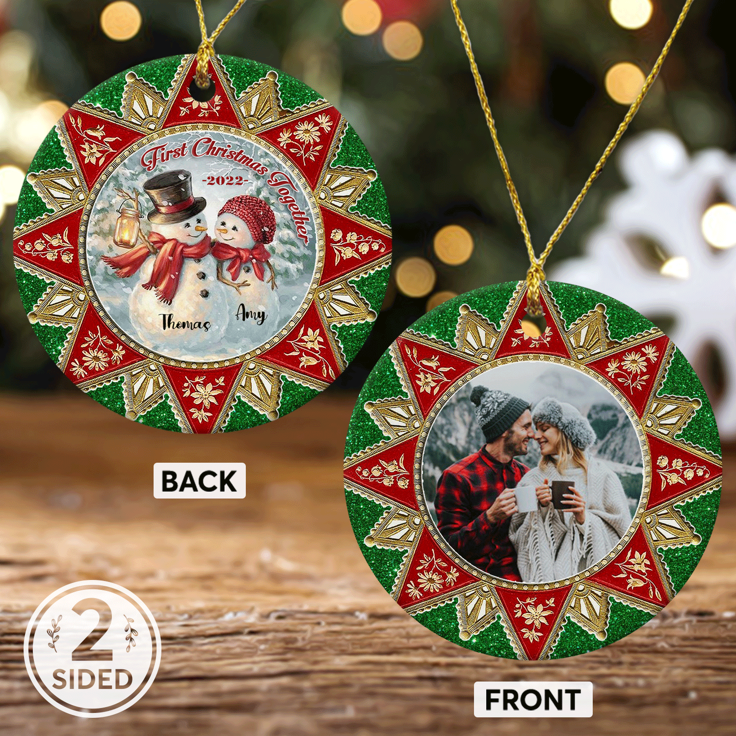 First Christmas Together Custom Photo And Text Decorative Christmas Circle Ornament 2 Sided
