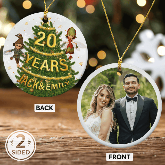 20 Year Anniversary Custom Photo And Text Decorative Christmas Circle Ornament 2 Sided